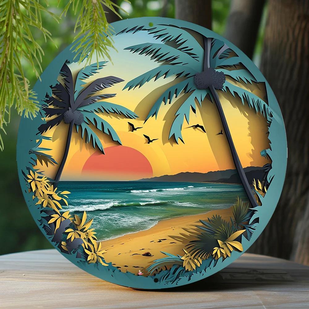 Metal Sign Faux Cutout Painting Circular Wreath Sign Office Decoration Mothers Gifts Sunny Beach Theme vintage room