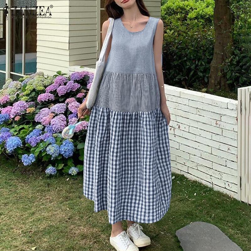 ZANZEA Women Summer Round Neck Sleeveless Grid Print Dress
