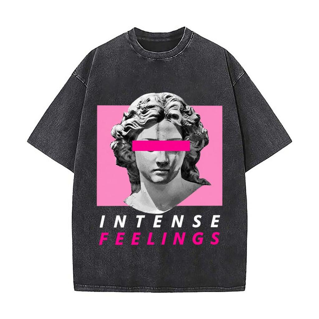 Intense Feelings Classical Statue Face Pink Eye Bar Graphic Washed Short Sleeve Loose Streetwear Tee Hip Hop