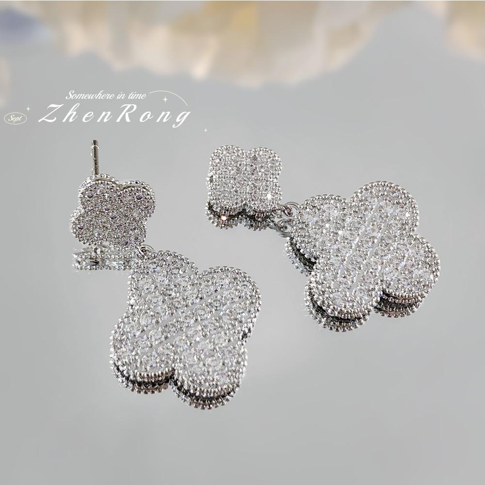 Luxury Four Leaf Clover Earrings with Full Diamonds Elegant Long Drop Earrings for Women Fashion Jewelry