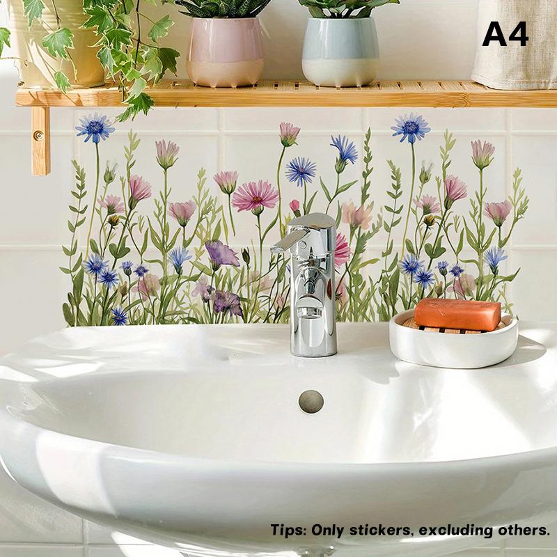 Floral Sink Area Background Wall Sticker Bathroom Sticker Self-Adhesive Removable Waterproof Backsplash Decoration Home Decor