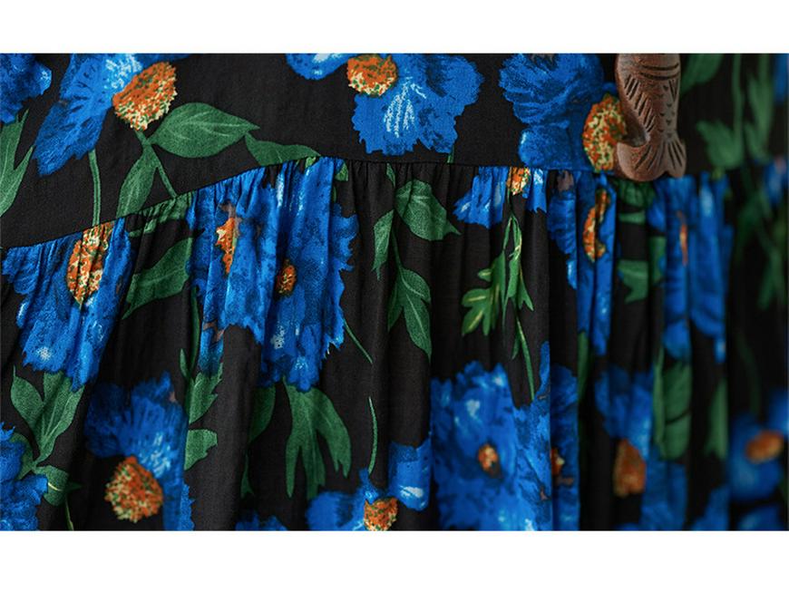 Blue Floral Cotton Linen Plus Size A-Line Dress - Summer 2023, Short Sleeve, Loose Fit