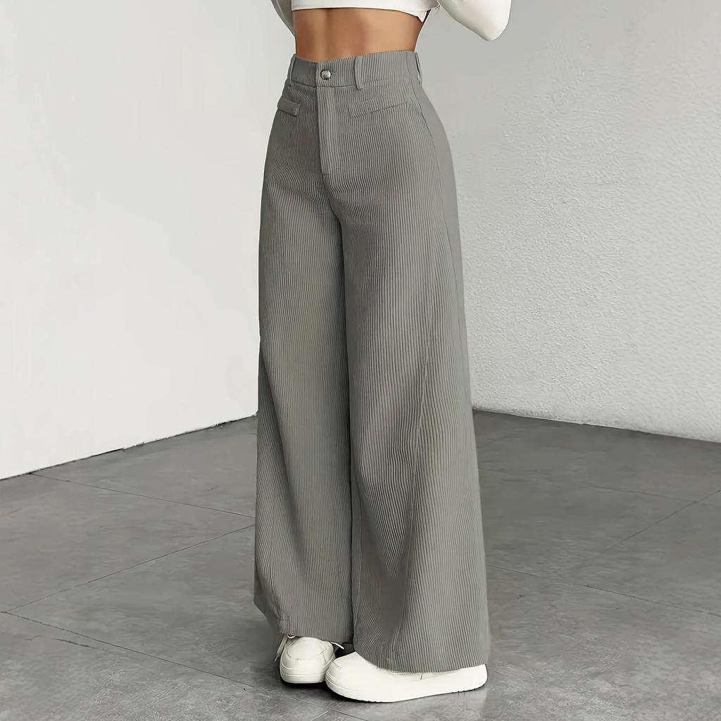 Women's High Waist Wide Leg Pants, Basic Casual Trouser with Button Detail, Solid Grey