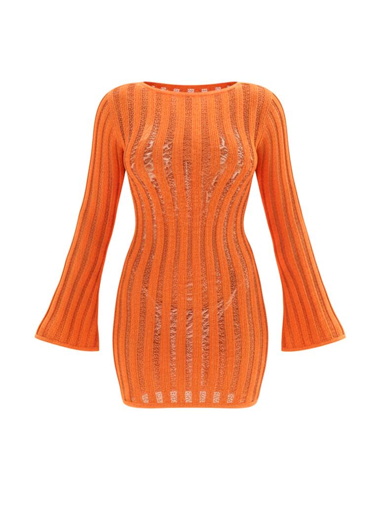 Vestido Sexy de Punto Sólido con Cuello Redondo Transparente Calado 2025 Verano Mujer Vacaciones Playa Traje de Baño Mini Vestidos K281