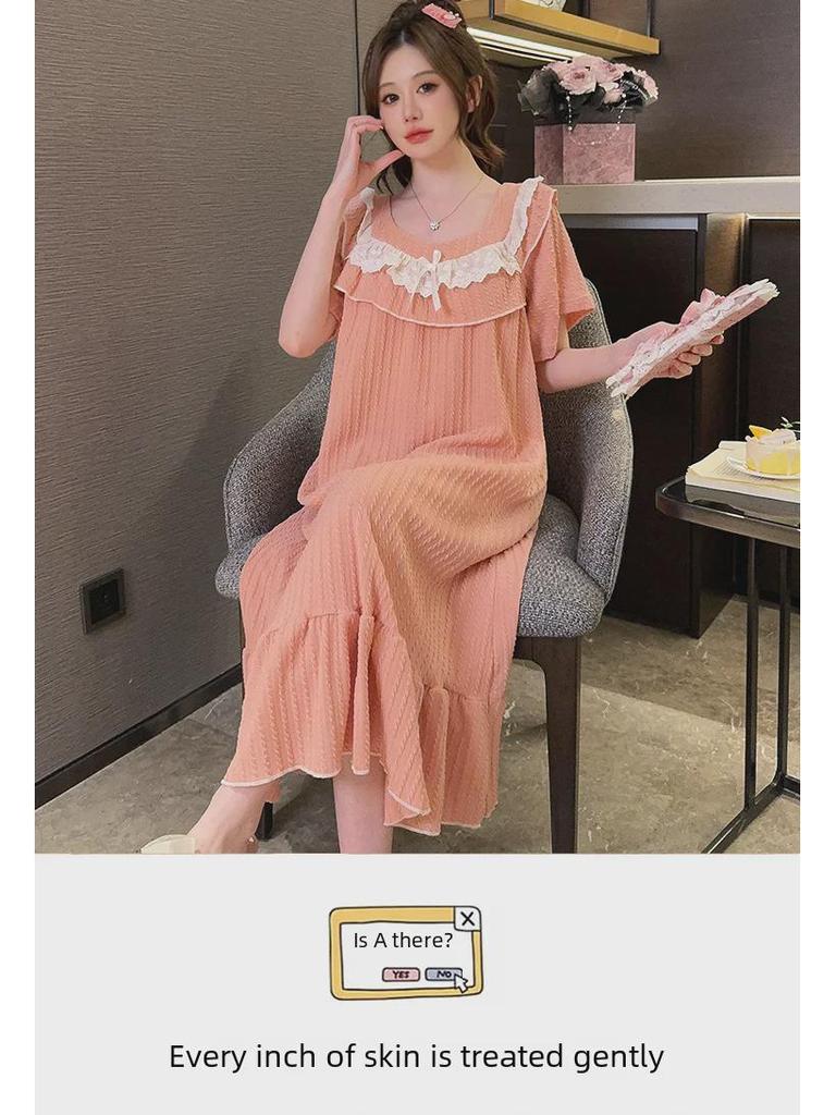 Women's Plus Size Cotton Short-Sleeve Nightdress - Sweet, Loose Fit, Summer Pajamas for Comfort Up To 200 Pounds