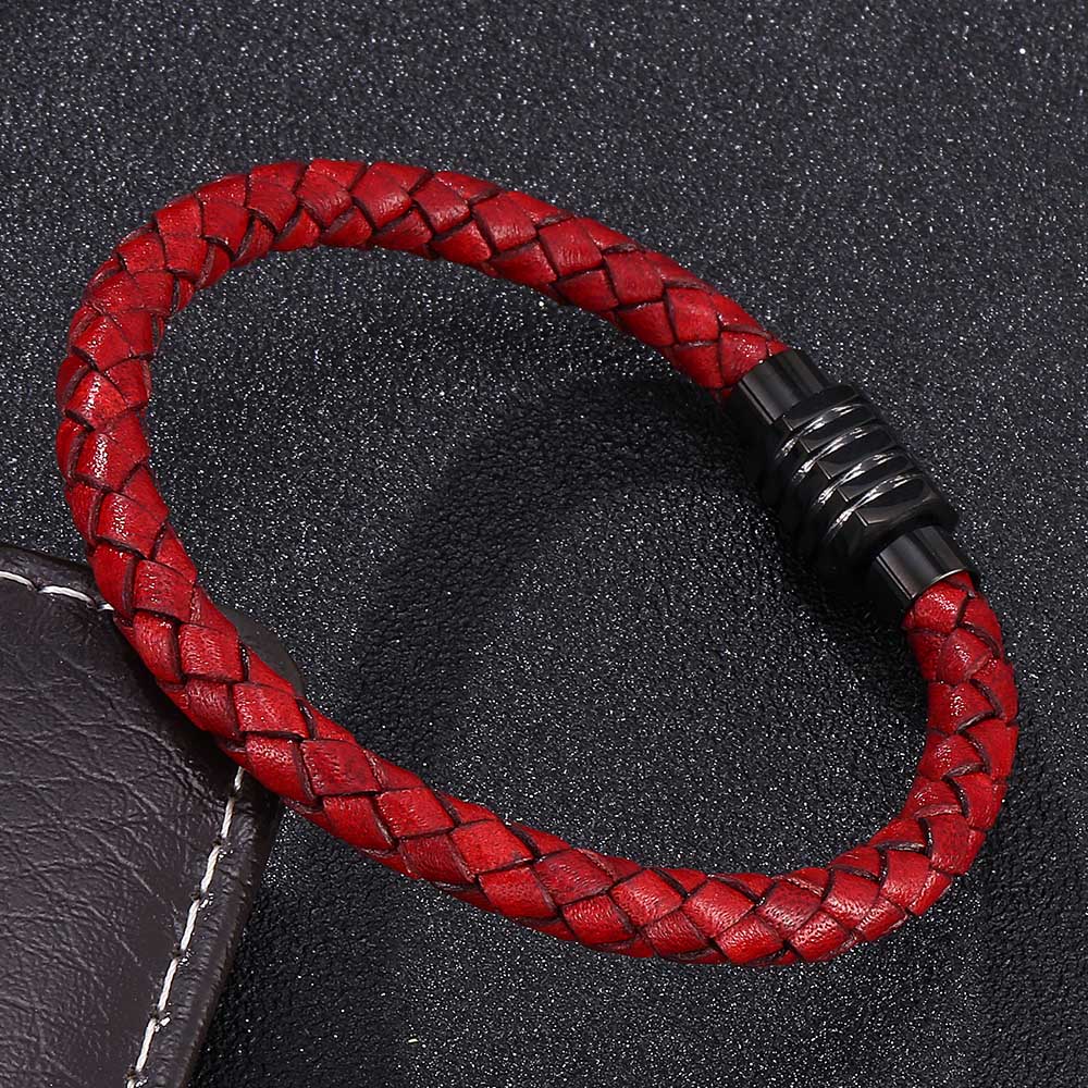 

Vintage Jewelry Of Men Women Ren Genuine Braided Leather Bracelet Stainless Steel Clasp Bracelets Bangles Gift 165mm червоний