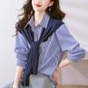 Knitted Shawl Blue Striped Shirt Women's Long-sleeved Spring Dress Design Top Shirt