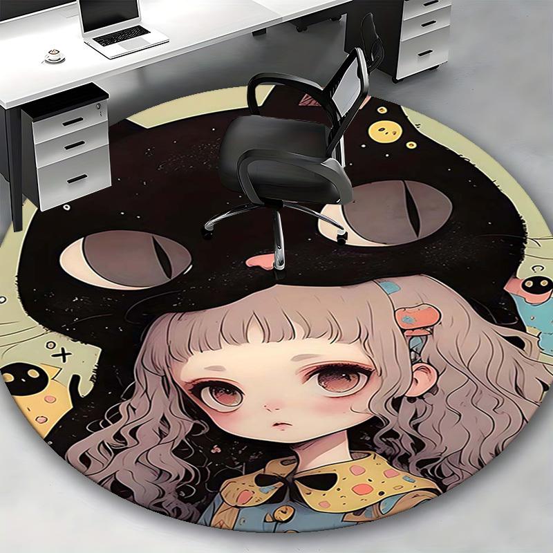1pz Tappeto Rotondo Design Anime Tappetino Sedia da Ufficio con Stampa Gatto Carino, Decorazione Casa, Regalo