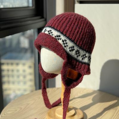 New Fair Isle Style Wool Knitted Hat for Women Korean Style Autumn and Winter Face Showing Small Warm Lace Up Ear Protection Woolen Hat