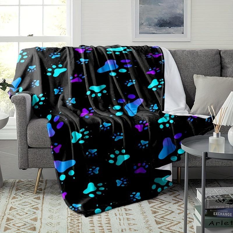 Soft & Warm Cozy Flannel Throw Blanket - Colorful Dog Paw Print Durable for Couch Naptime Camping & Travel