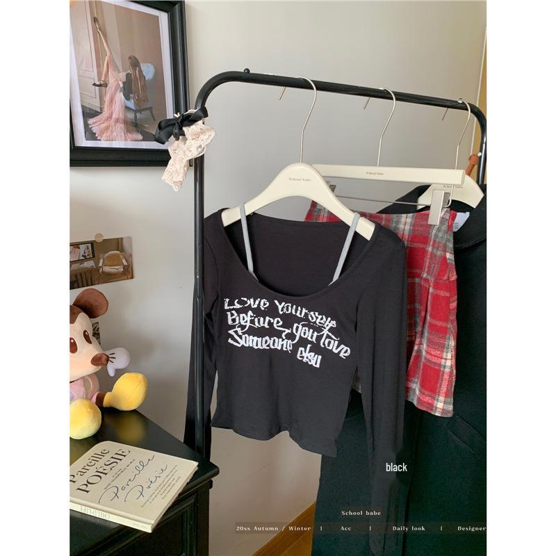 

Sweet & Spicy Layered T-Shirt: Women s Autumn 2024 Long Sleeve, Letter Print, Slim-Fit, Two-Piece Look One Size