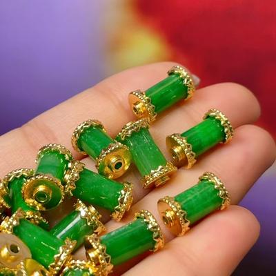 5 ks, Korálky z přírodního kamene suchý zelený jadeit se zlatými okraji, Boho ručně vyráběné válcové volné korálky, 8×14 mm, pro materiály na výrobu DIY šperků