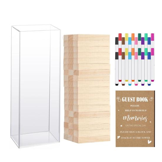 

1 Набор Альтернатива свадебной книге пожеланий Деревянный блок с прозрачной акриловой коробкой Ручки Знак Свадьба Свадебный душ Вечеринка Украшение для приема A