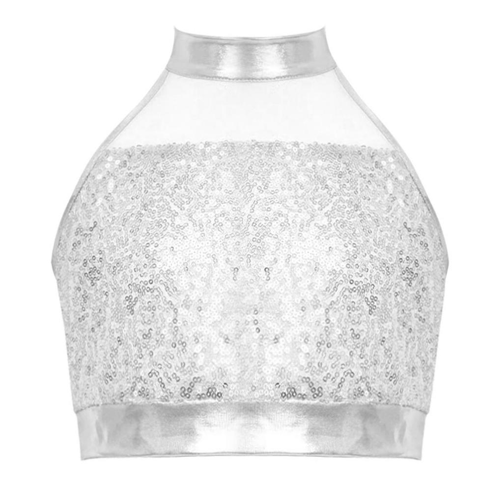 Mädchen Ärmelloses Mock Neck Tanz Crop Top Glitzer Pailletten Patchwork Schlüsselloch Rücken Design Performance Top