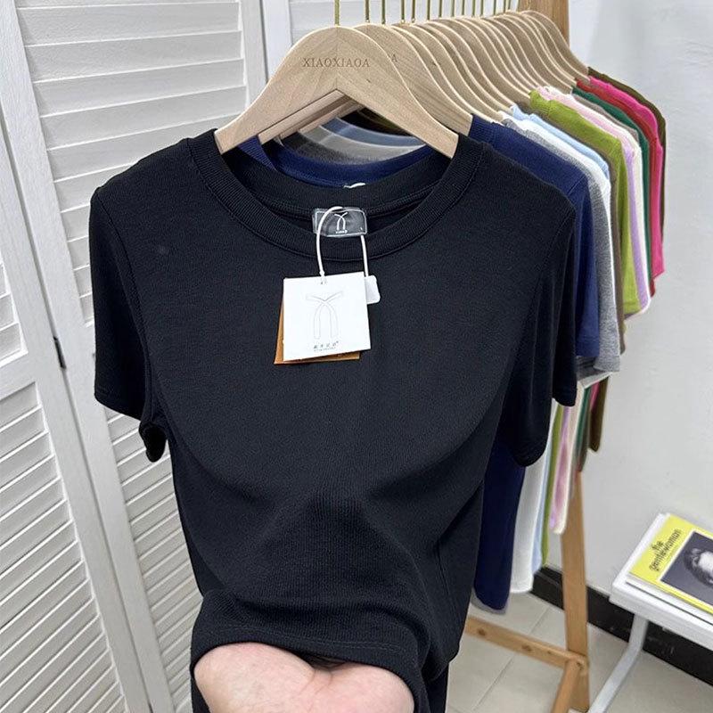 European Plus Size Ribbed Loose Short Sleeve T-shirt, Women's Green Base Layer Blouse