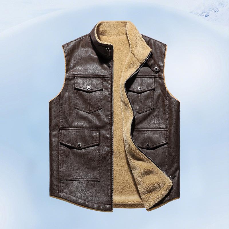 Cross2025 Men's Autumn/Winter Plus Velvet Thick Leather Vest - Youth Outdoor Casual Fashion