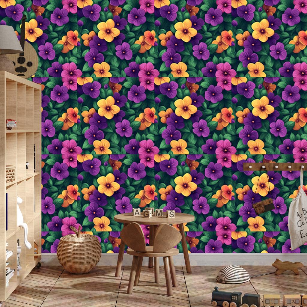 Wallpaper Flowers and Leaves in Sea and Purple for Living Room and Bedroom 50x1000
