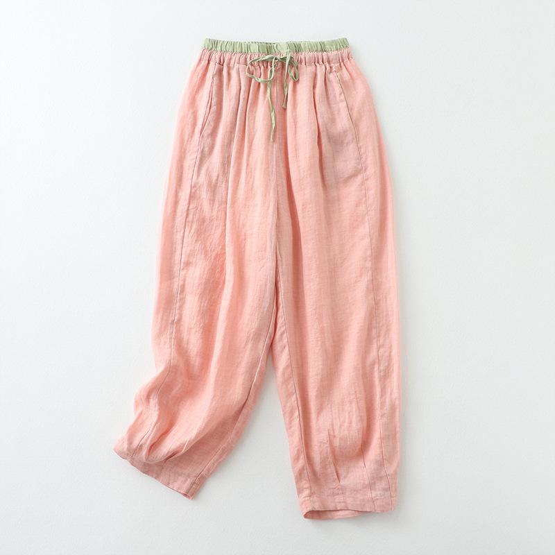 Summer Elastic Waist Stitching Lace-up Fine Cotton and Linen Loose and Comfortable Nine-point Pants Harem Pants Casual Women's Pants