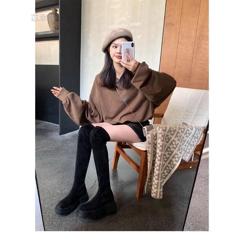 

Cowhide~ Boots Women s Thick-soled Small Skinny Knight Boots Elastic Suede Over Knee Boots 34