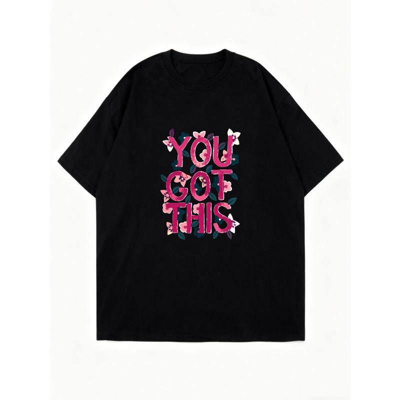 Oversized T-Shirt Dress Black You Got This Floral Text Print Casual Wear For Women