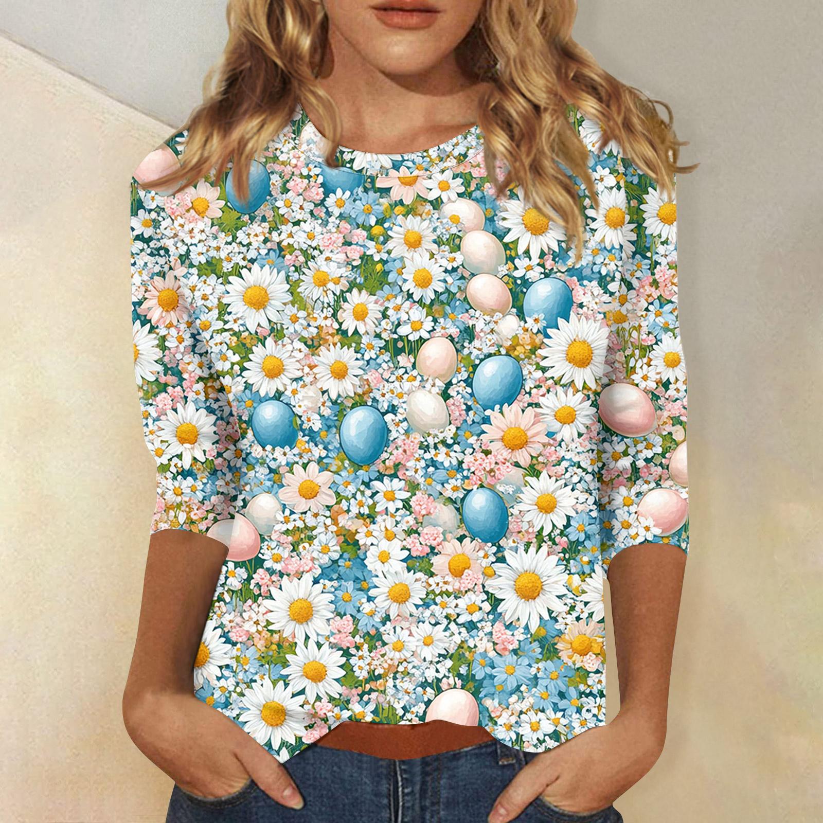 

Women s Tops Three-quarter Sleeve Shirt Round-neck Loose Casual Shirt Print T-shirt XL