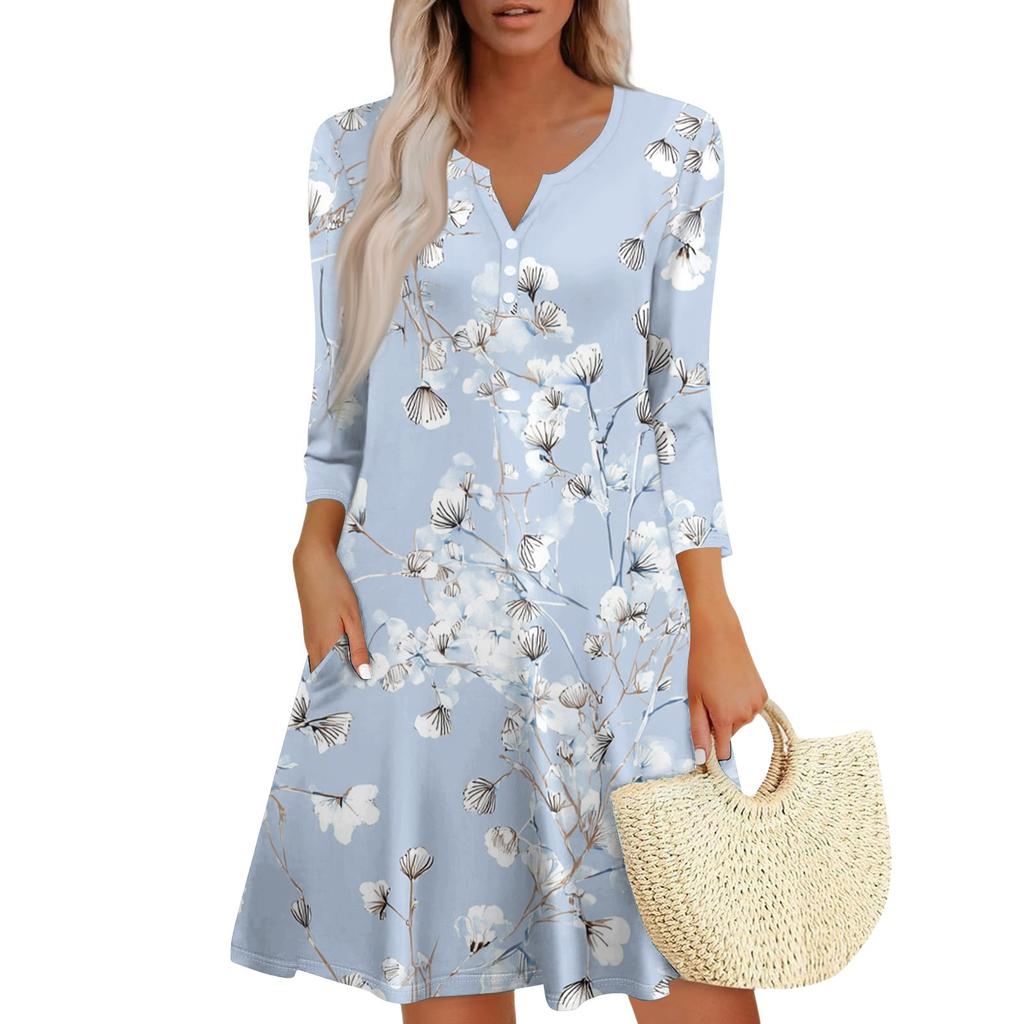 Women's Fashionable V-Neck Button Seven Part Cuff Pocket Floral Dress