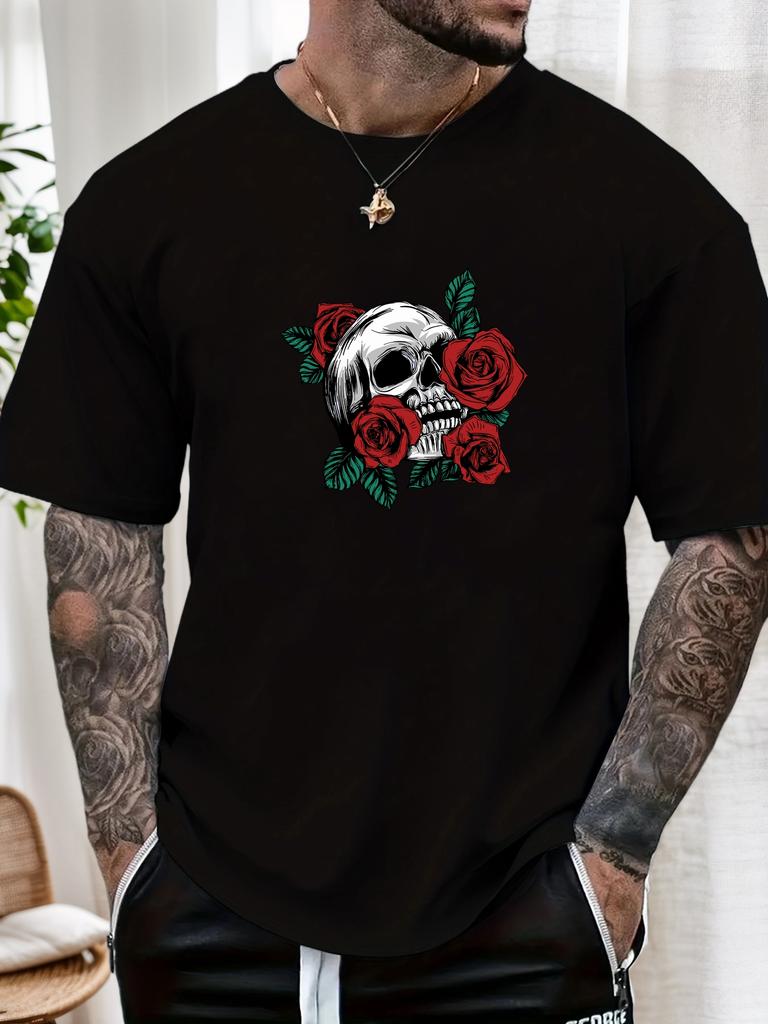 Mens Casual Tshirt Skull Rose Print Short Sleeve Round Neck Breathable Soft Oversized Edgy Daily Wear Tee