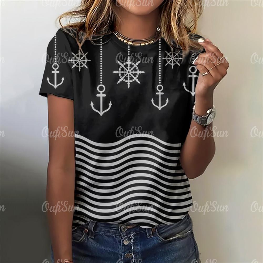 Sommer-T-Shirt für Damen, Anker-3D-Druck, Oberteil im neuen Stil, übergroße T-Shirts für Damenbekleidung, O-Ausschnitt, Damenmode, Übergröße
