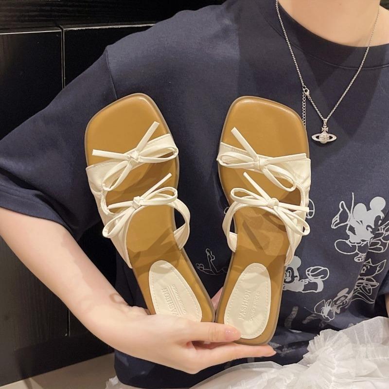 Bow Slippers Women's Summer Wear Fashion Square Head Flat Bottom with Skirt Beautiful Beach Sandals