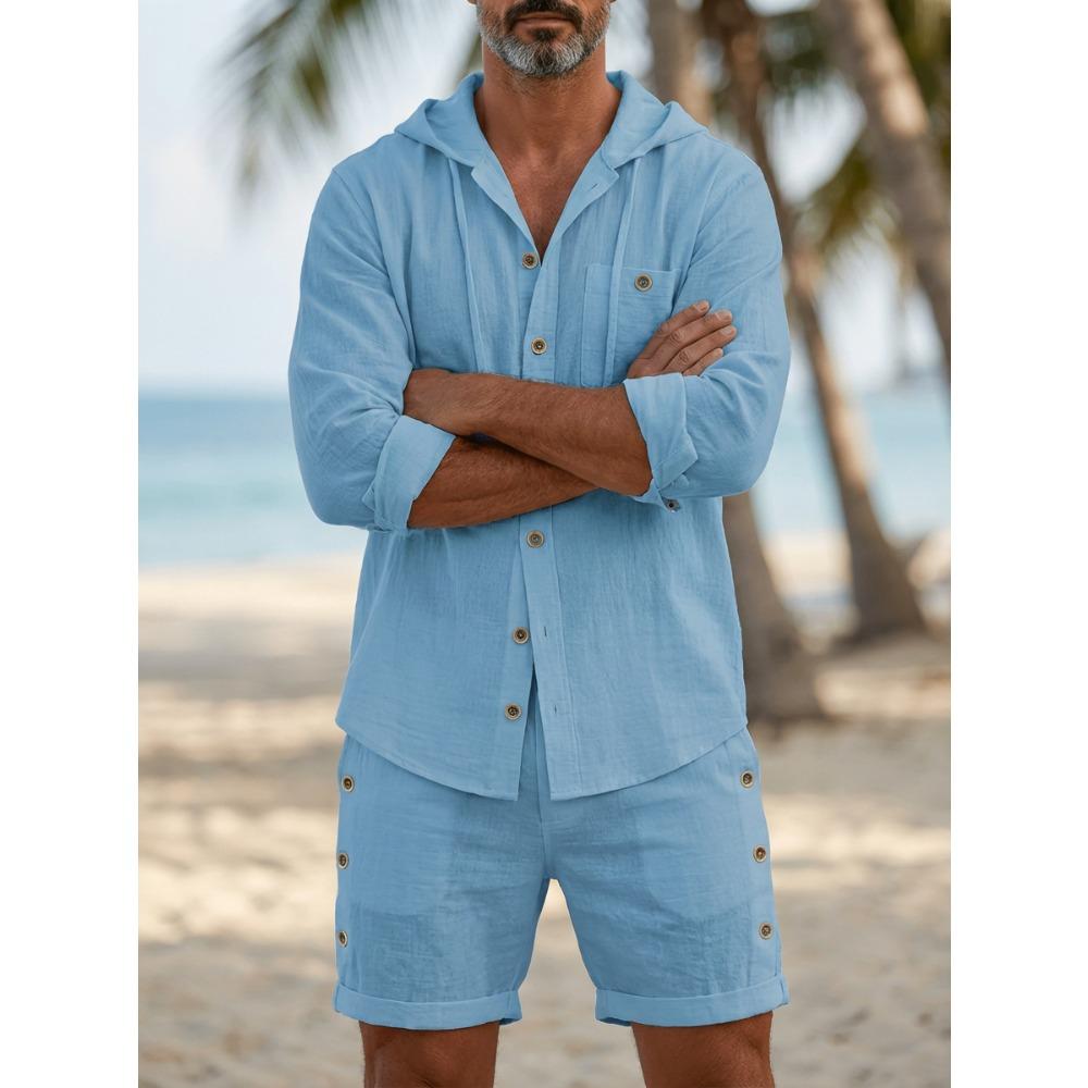 New-style Sports Shirt: Trendy Men’s Cotton-linen Hooded Plain-colour Long-sleeved Top and Shorts – Casual Beach and Holiday Set