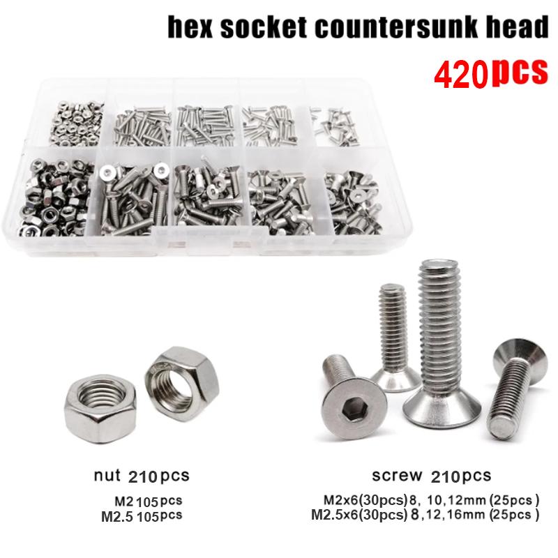 

420 шт. (М2-М2.5) комплект шестигранных болтов и гаек с плоским дном из нержавеющей стали