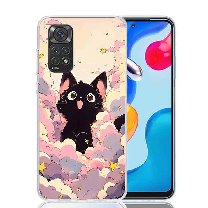 Anime Cute Black Cat Meow Phone Case For Xiaomi Redmi Note 15 14 13 12S 12 Pro Plus 11S 11E 11 11T 10S 10 Art Soft Pattern Cover