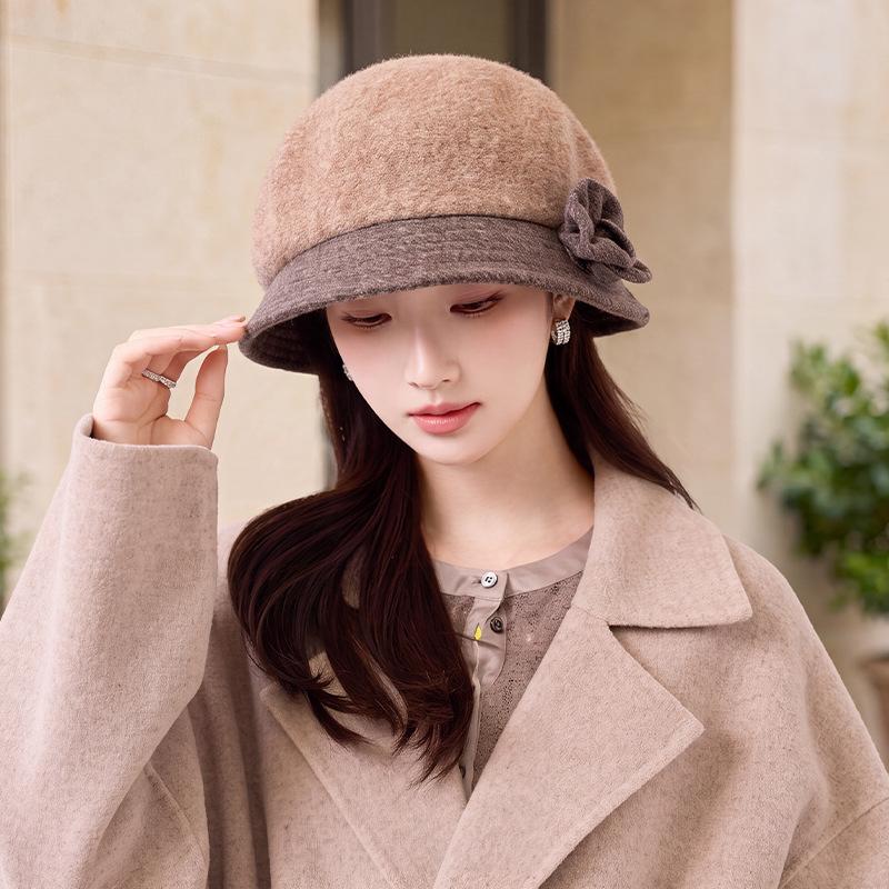 Literary flower bucket hat autumn and winter retro simple pot hat temperament big head circumference show face small hat women's