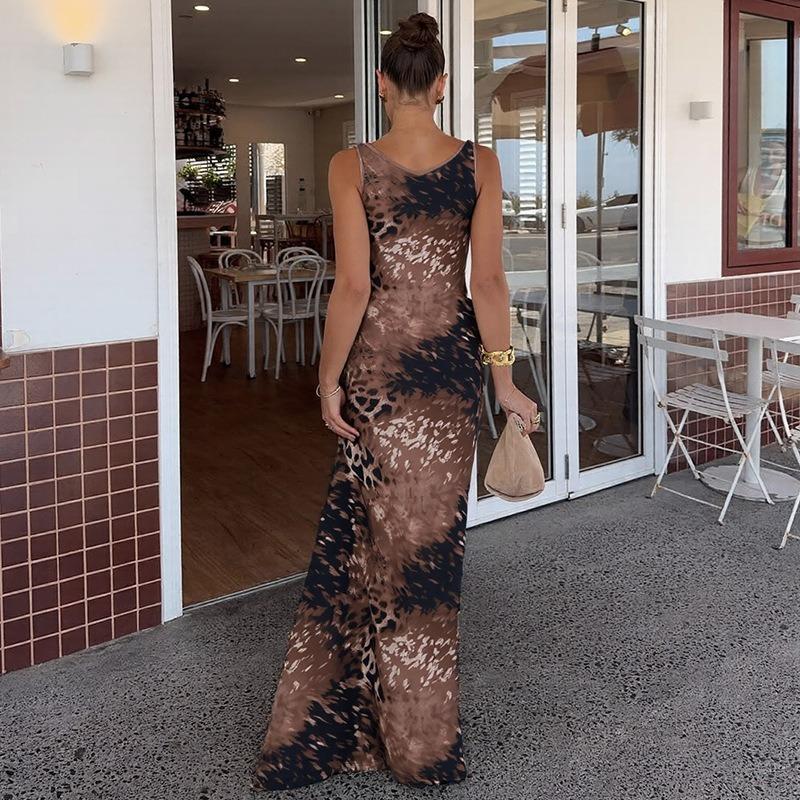 Sommer Leopardenmuster Ärmellos Lässig Spaghetti-Träger Schlauchkleid Elegant Damen A-Linie Party Langes Slipkleid Mode Slim Fit Streetstyle Kleidung