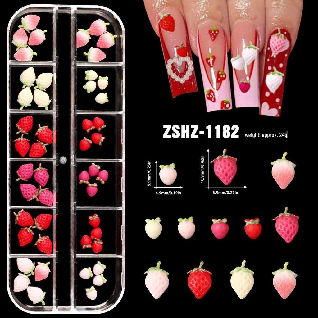2025 3D Mini Resin Nail Art: Cream Strawberry & Translucent Cherry Fruit Cartoons