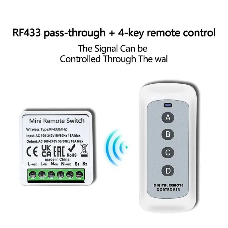 RF 433MHZ Wireless Light Switch 16A Relay Breaker 4 Key Remote Control Switch For Smart Home LED Lamp Wall Garage Doors Switch