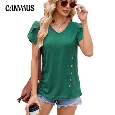 Tricou de vară pentru femei, nou, de culoare uni, cu decolteu în V, cu mâneci petale, cu mâneci scurte