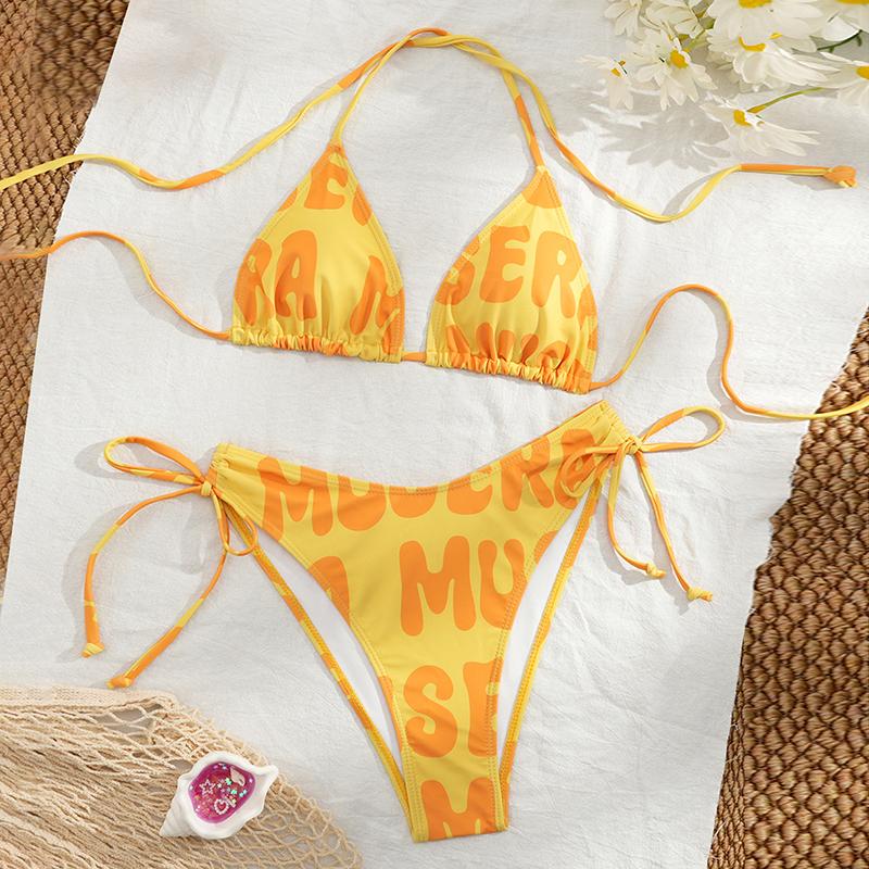 

Yellow Bikinis Printed Triangle Swimsuit Women Sexy Halter Swimwear Female Bathers Bathing Swimming Suit Beachwear L жовтий