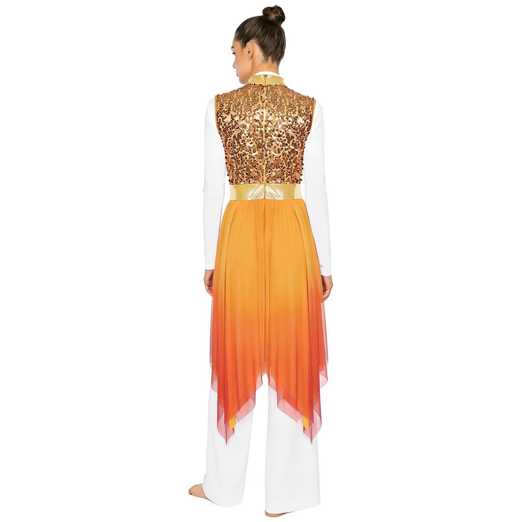 Womens Worship Praise Dance Dress Shiny Sequine Sleeveless Bodice Gradient Mesh Irregular Hem Lyrical Costume