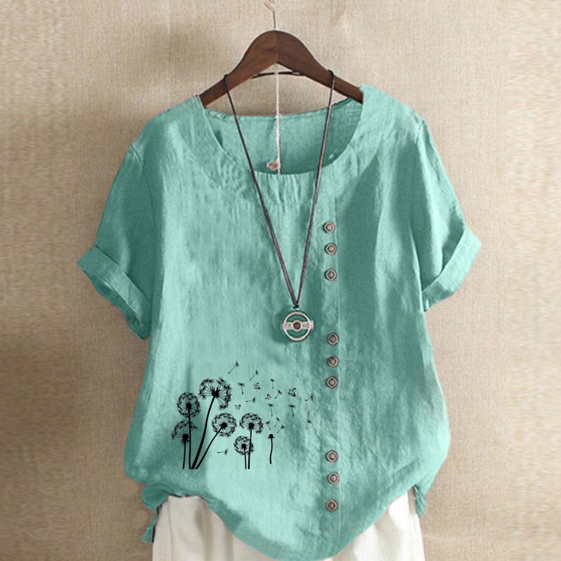 Women's Fashion Black Dandelion Prined Short Sleeve T-shirt Loose Cotton Shirt Casual Loose Summer Plus Size Blouse Tops