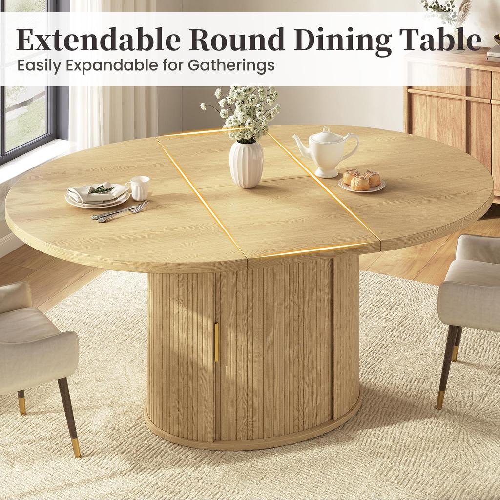 Tavolo da pranzo rotondo estensibile, tavolo da pranzo allungabile per 4-6 persone, con spazio contenitore, ante scorrevoli e 2 ampi scomparti, 120–160×120×75 cm