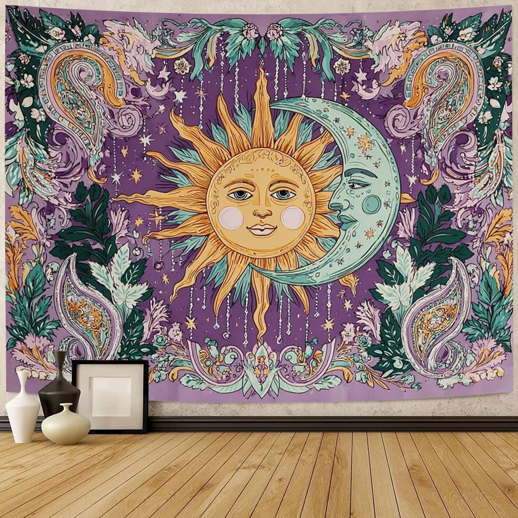 VIKAMA Bohemian Purple Tone Sun Moon God Tapestry Vintage Paisley Pattern Sun Moon Printed Hanging Cloth Room Decoration