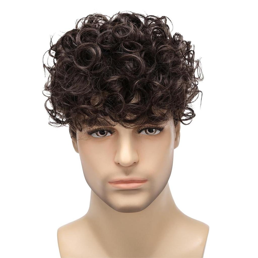 Men Short Curly Black Wigs Daily Cosplay Costume Synthetic Brown Hair With Bangs High Temperature Fiber
