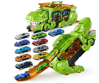 Hračka s dinosauřím kamionem Transporter s 10 odlitky závodních aut, sada Monster Truck Transporter se promění v dinosaura se závodní dráhou