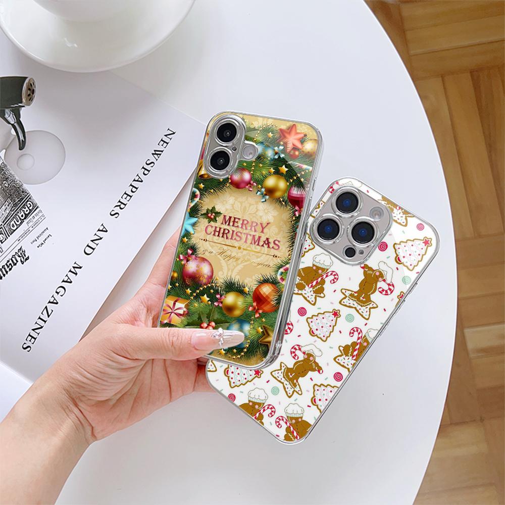 Ae106 Happy New Year Art Merry Christmas Electroplated Glass Phone Cases for Samsung S25 Ultra iPhone 16 Xiaomi Redmi Lens Full Protection Back Cover