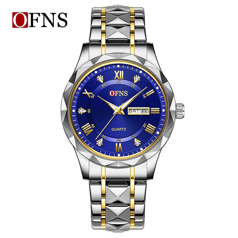 OFNS Herren Quarz Business Uhr: 3D Römische Ziffern, Doppelkalender, Wasserdicht, Edelstahlarmband.