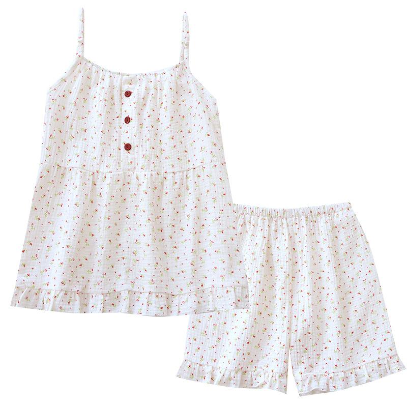 Japanese Cute Girl Suspender Nightdress Crepe Pajamas Summer Washed Cotton Gauze Shorts Loungewear Loose Suit