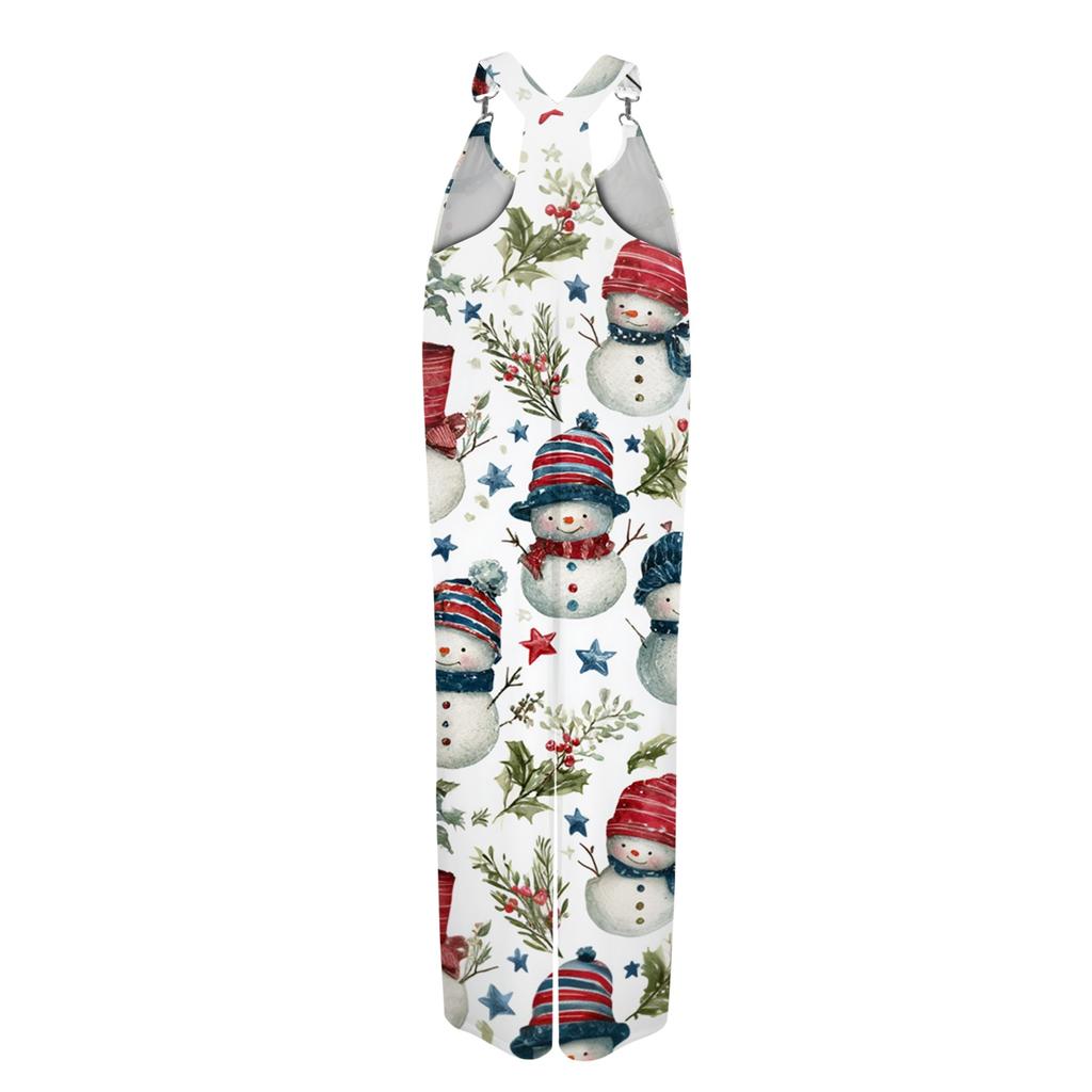 Women's Summer Suspender Jumpsuit with Retro Christmas Print and Non-Adjustable Straps