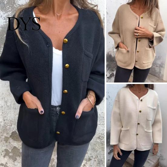 Round Neck Women Jacket Winter Single-breasted Cardigan Long Sleeves Outerwear with Pockets Warm Heat Retention OL Commuting Coat