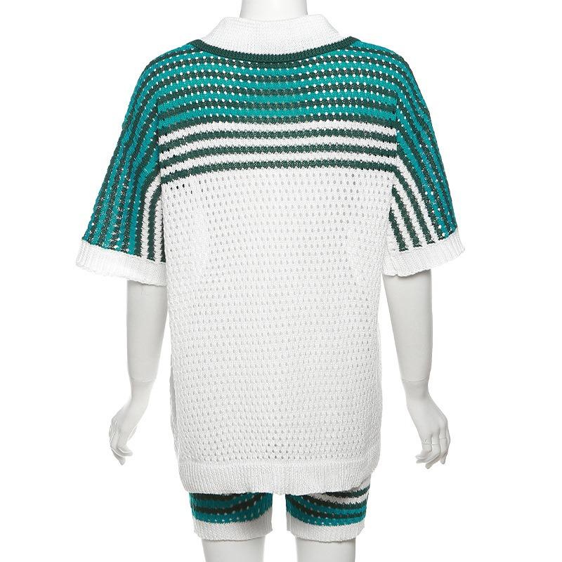 Sommer Damenmode Hohl Revers Top Hohe Taille Shorts Strick Casual Anzug